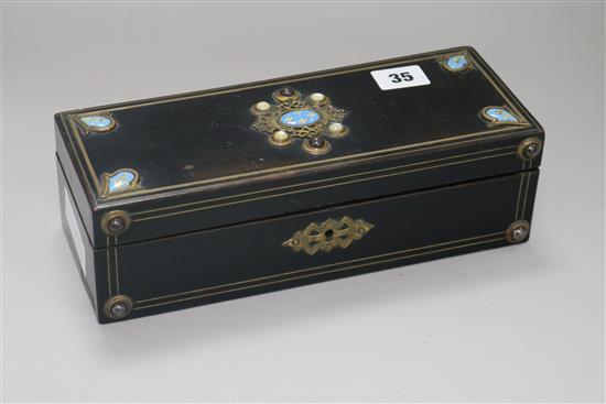 An ebonised mother of pearl and stone glove box width 26cm depth 10cm
